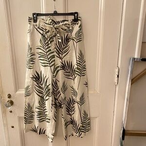 joie Linen Tropical Palm Wide Leg Trouser with Waist Tie - Ankle Length - Size 8